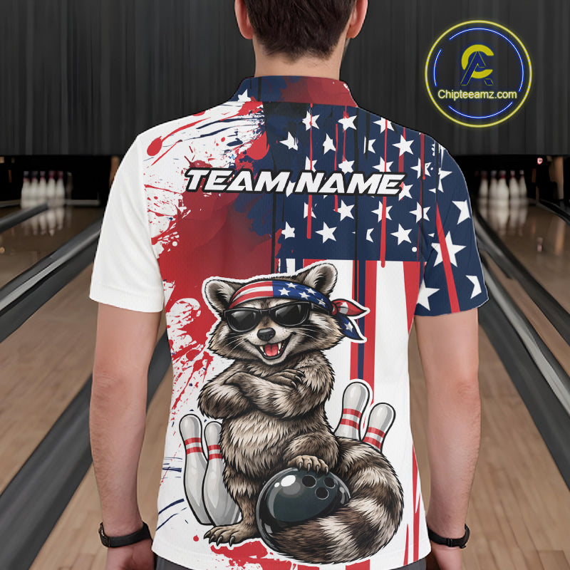Custom Patriotic Funny Raccoon Bowling Men Polo Shirt, US Flag Bowling Jersey IPHW12155