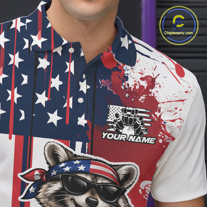 Custom Patriotic Funny Raccoon Bowling Men Polo Shirt, US Flag Bowling Jersey IPHW12155
