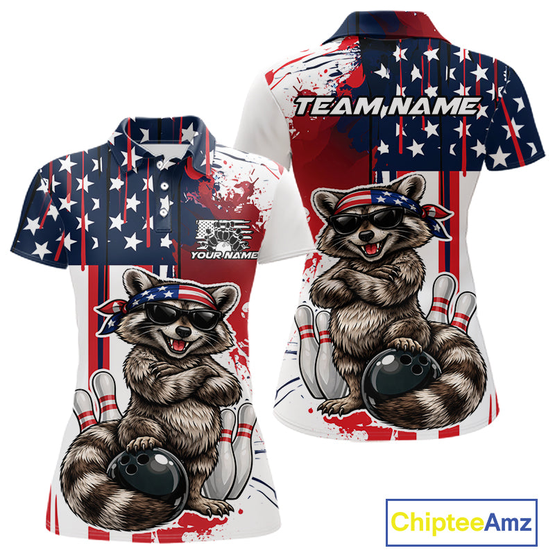 Custom Patriotic Funny Raccoon Bowling Women Polo Shirt, US Flag Bowling Jersey IPHW12155