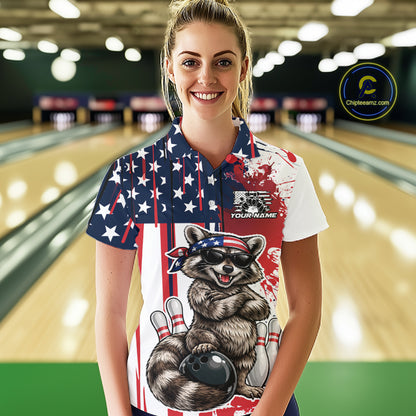 Custom Patriotic Funny Raccoon Bowling Women Polo Shirt, US Flag Bowling Jersey IPHW12155