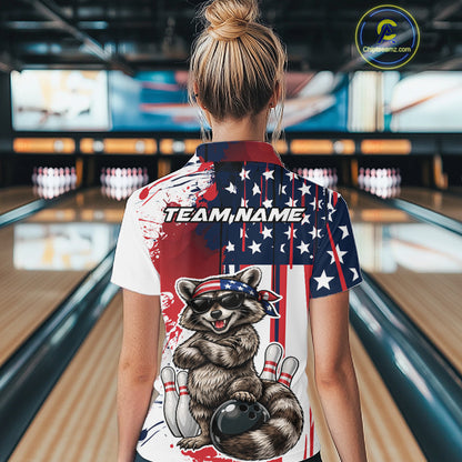 Custom Patriotic Funny Raccoon Bowling Women Polo Shirt, US Flag Bowling Jersey IPHW12155