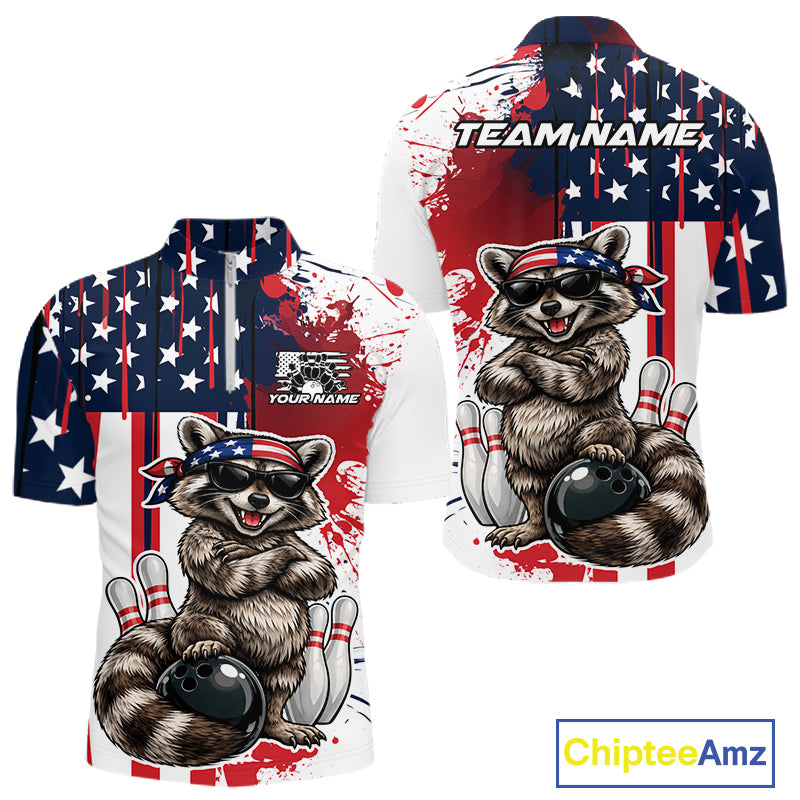 Custom Patriotic Funny Raccoon Bowling Men Quarter Zip Shirt, US Flag Bowling Jersey IPHW12155