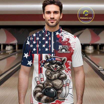 Custom Patriotic Funny Raccoon Bowling Men Quarter Zip Shirt, US Flag Bowling Jersey IPHW12155