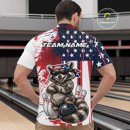 Custom Patriotic Funny Raccoon Bowling Men Quarter Zip Shirt, US Flag Bowling Jersey IPHW12155