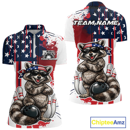 Custom Patriotic Funny Raccoon Bowling Women Quarter-Zip Shirt, US Flag Bowling Jersey IPHW12155