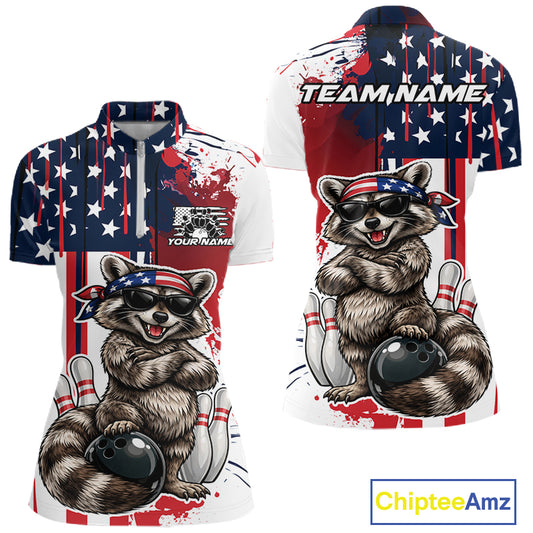 Custom Patriotic Funny Raccoon Bowling Women Quarter-Zip Shirt, US Flag Bowling Jersey IPHW12155