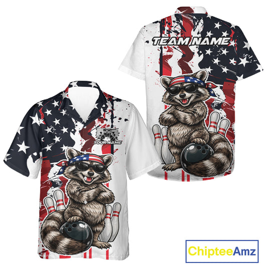 Custom American Flag Funny Raccoon Bowling Men And Women Button Up Shirt, Patriotic Bowling Jersey IPHW12156