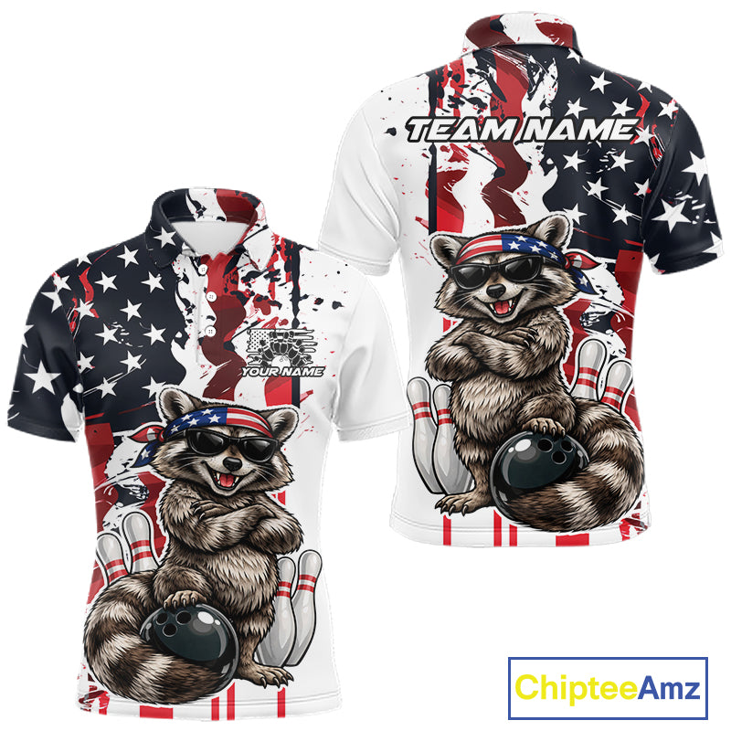 Custom American Flag Funny Raccoon Bowling Men Polo Shirt, Patriotic Bowling Jersey IPHW12156