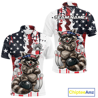 Custom American Flag Funny Raccoon Bowling Men Polo Shirt, Patriotic Bowling Jersey IPHW12156