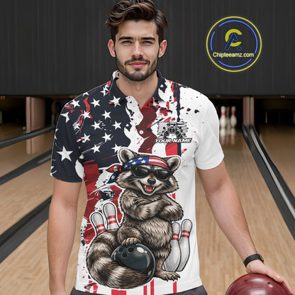 Custom American Flag Funny Raccoon Bowling Men Polo Shirt, Patriotic Bowling Jersey IPHW12156
