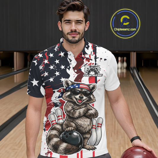 Custom American Flag Funny Raccoon Bowling Men Polo Shirt, Patriotic Bowling Jersey IPHW12156