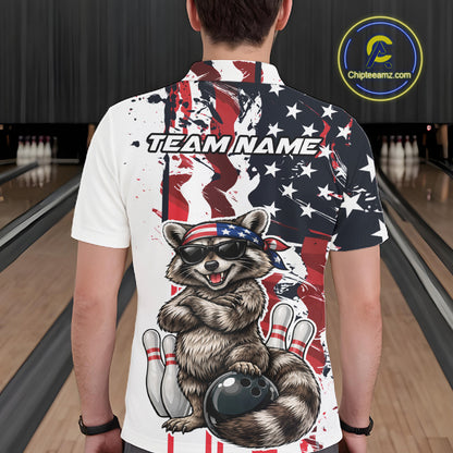 Custom American Flag Funny Raccoon Bowling Men Polo Shirt, Patriotic Bowling Jersey IPHW12156