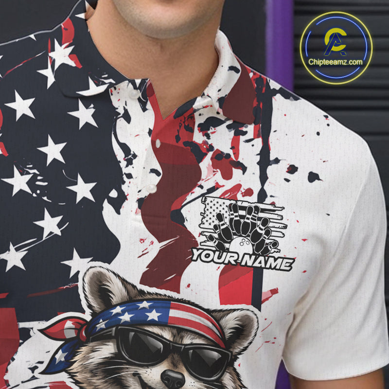 Custom American Flag Funny Raccoon Bowling Men Polo Shirt, Patriotic Bowling Jersey IPHW12156