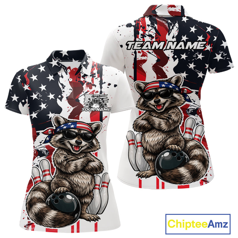 Custom American Flag Funny Raccoon Bowling Women Polo Shirt, Patriotic Bowling Jersey IPHW12156