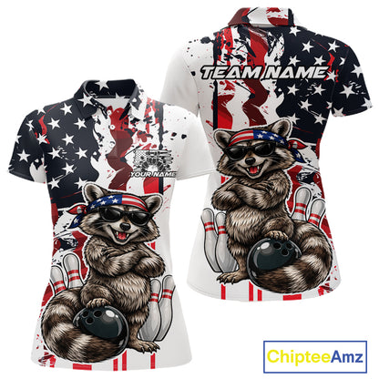 Custom American Flag Funny Raccoon Bowling Women Polo Shirt, Patriotic Bowling Jersey IPHW12156