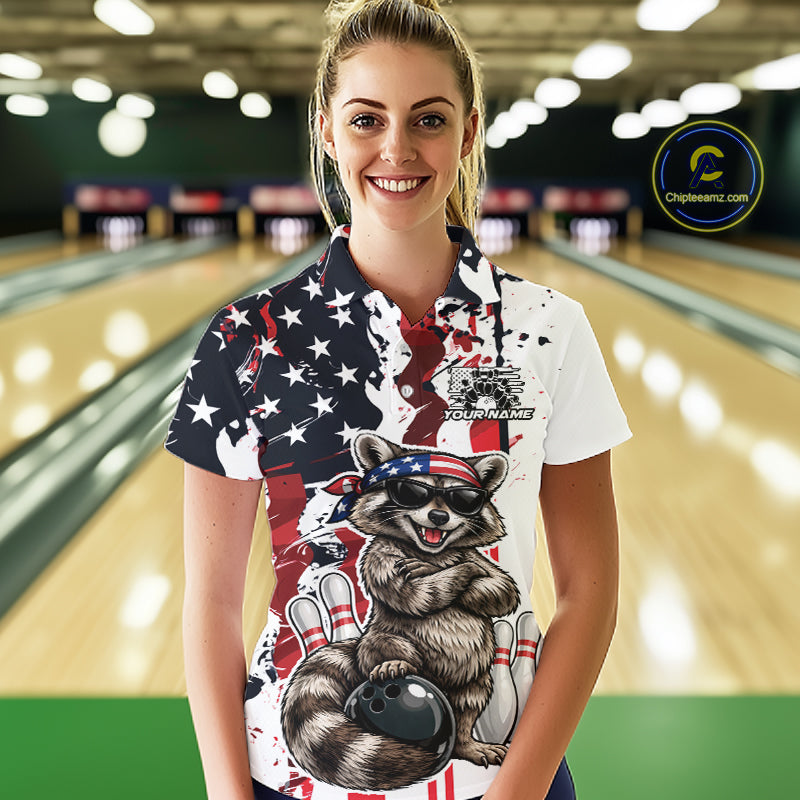Custom American Flag Funny Raccoon Bowling Women Polo Shirt, Patriotic Bowling Jersey IPHW12156