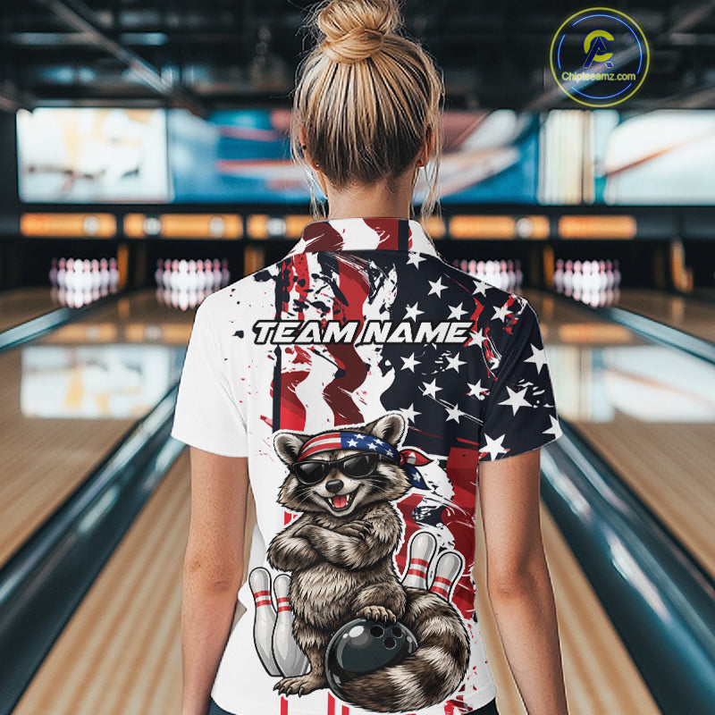 Custom American Flag Funny Raccoon Bowling Women Polo Shirt, Patriotic Bowling Jersey IPHW12156
