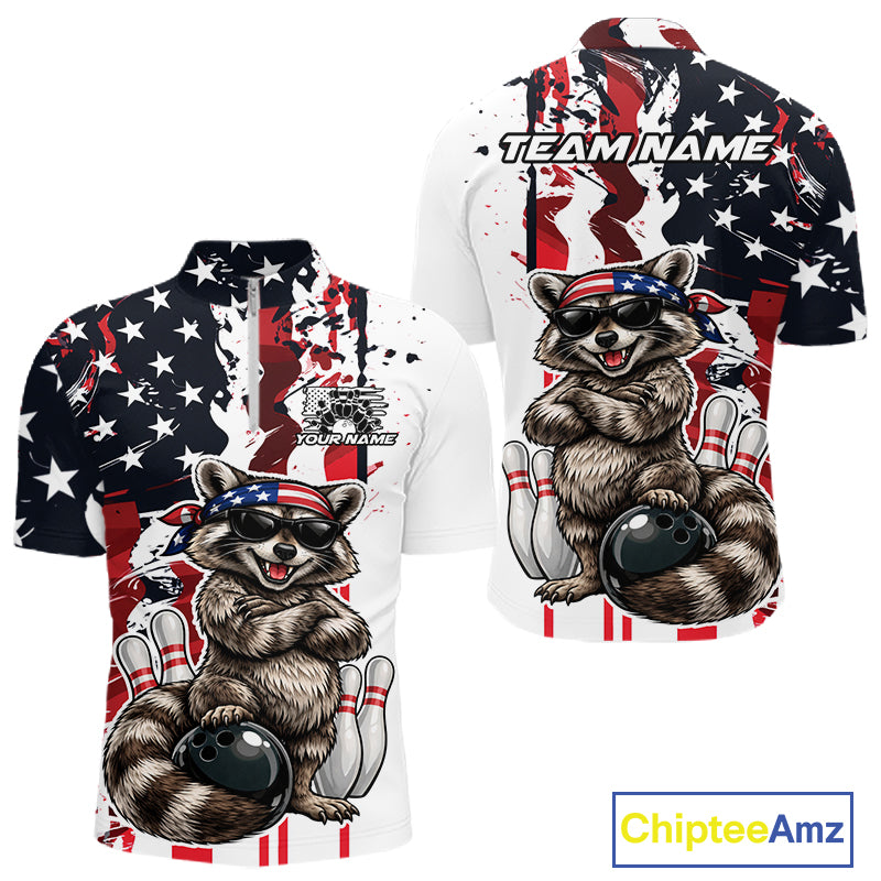 Custom American Flag Funny Raccoon Bowling Men Quarter Zip Shirt, Patriotic Bowling Jersey IPHW12156