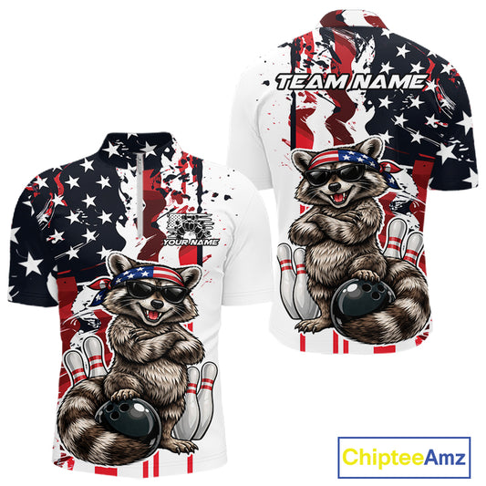 Custom American Flag Funny Raccoon Bowling Men Quarter Zip Shirt, Patriotic Bowling Jersey IPHW12156