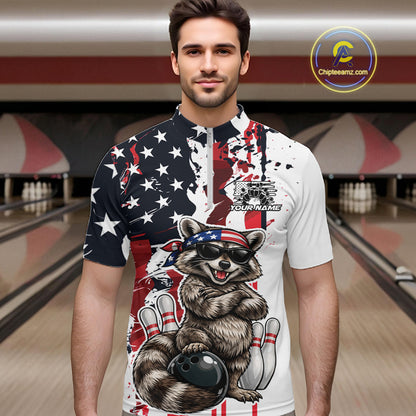 Custom American Flag Funny Raccoon Bowling Men Quarter Zip Shirt, Patriotic Bowling Jersey IPHW12156