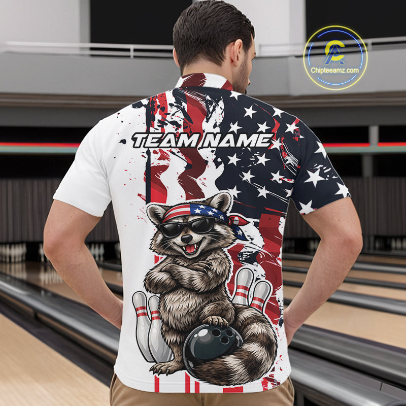 Custom American Flag Funny Raccoon Bowling Men Quarter Zip Shirt, Patriotic Bowling Jersey IPHW12156