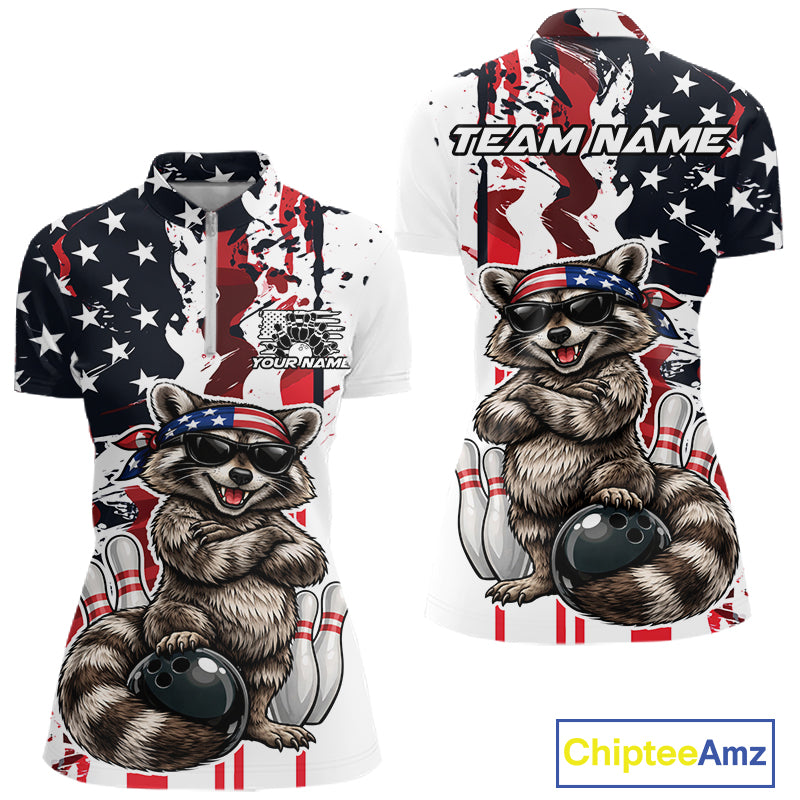 Custom American Funny Raccoon Bowling Women Quarter-Zip Shirt, Patriotic Bowling Jersey IPHW12156