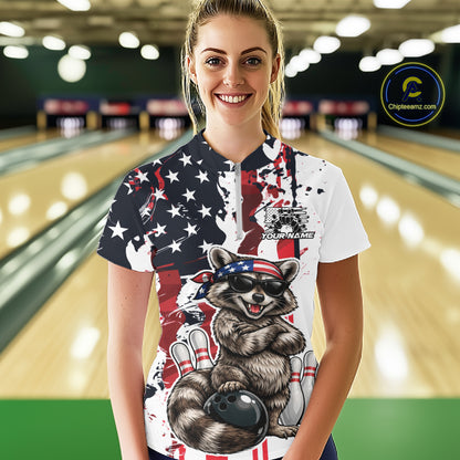 Custom American Funny Raccoon Bowling Women Quarter-Zip Shirt, Patriotic Bowling Jersey IPHW12156