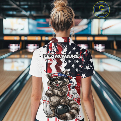Custom American Funny Raccoon Bowling Women Quarter-Zip Shirt, Patriotic Bowling Jersey IPHW12156