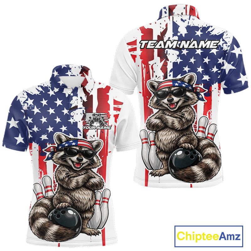 Custom Patriotic Funny Raccoon Bowling Men Polo Shirt, American Flag Bowling Jersey IPHW12157