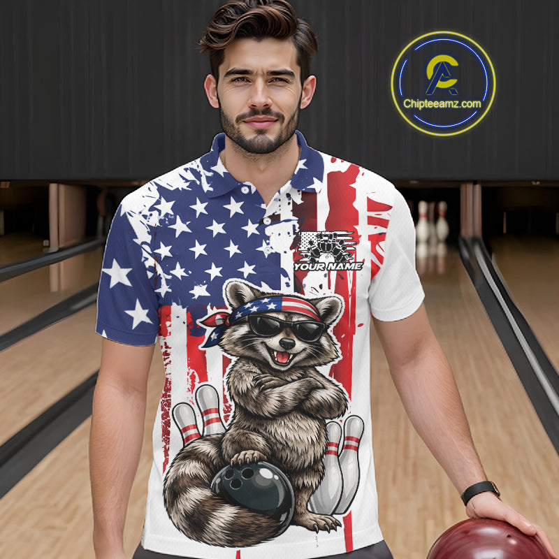 Custom Patriotic Funny Raccoon Bowling Men Polo Shirt, American Flag Bowling Jersey IPHW12157