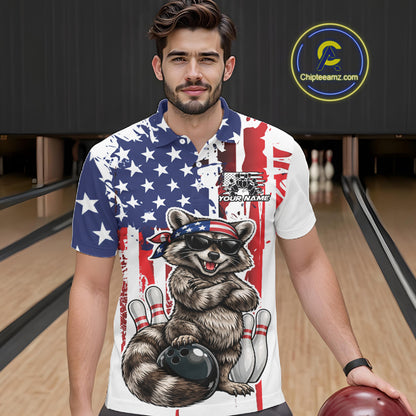 Custom Patriotic Funny Raccoon Bowling Men Polo Shirt, American Flag Bowling Jersey IPHW12157