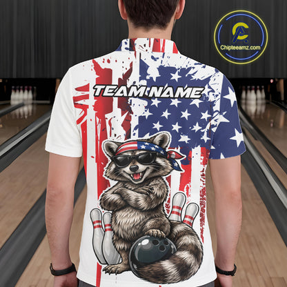 Custom Patriotic Funny Raccoon Bowling Men Polo Shirt, American Flag Bowling Jersey IPHW12157