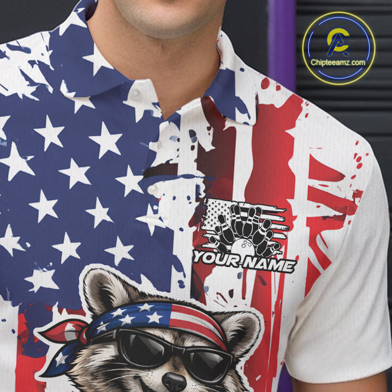Custom Patriotic Funny Raccoon Bowling Men Polo Shirt, American Flag Bowling Jersey IPHW12157