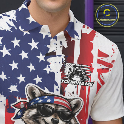 Custom Patriotic Funny Raccoon Bowling Men Polo Shirt, American Flag Bowling Jersey IPHW12157