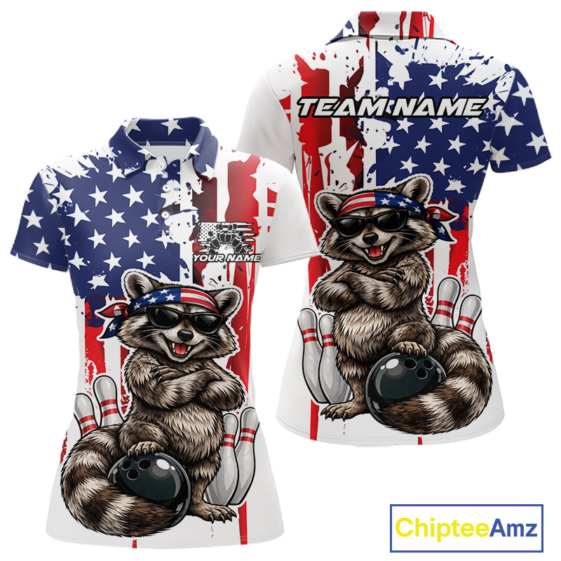 Custom Patriotic Funny Raccoon Bowling Women Polo Shirt, American Flag Bowling Jersey IPHW12157