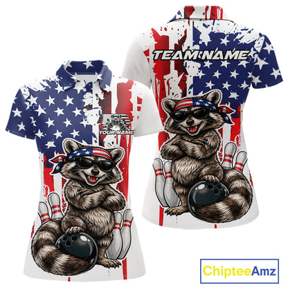 Custom Patriotic Funny Raccoon Bowling Women Polo Shirt, American Flag Bowling Jersey IPHW12157