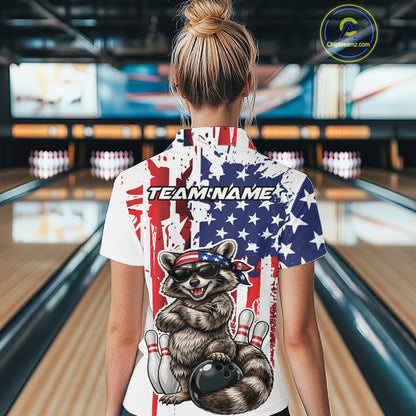 Custom Patriotic Funny Raccoon Bowling Women Polo Shirt, American Flag Bowling Jersey IPHW12157