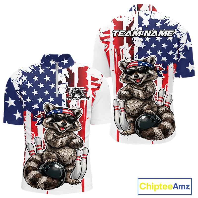 Custom Patriotic Funny Raccoon Bowling Men Quarter Zip Shirt, American Flag Bowling Jersey IPHW12157