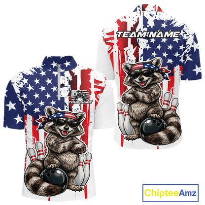 Custom Patriotic Funny Raccoon Bowling Men Quarter Zip Shirt, American Flag Bowling Jersey IPHW12157