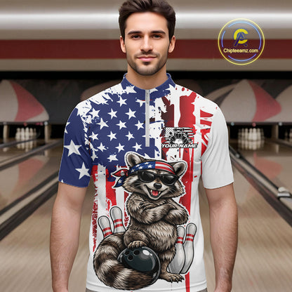 Custom Patriotic Funny Raccoon Bowling Men Quarter Zip Shirt, American Flag Bowling Jersey IPHW12157