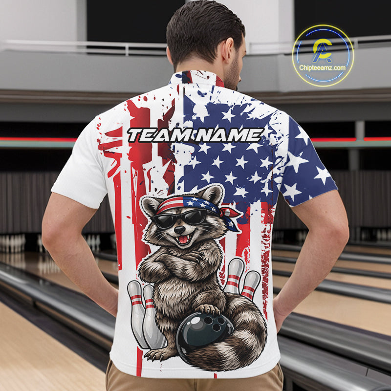 Custom Patriotic Funny Raccoon Bowling Men Quarter Zip Shirt, American Flag Bowling Jersey IPHW12157