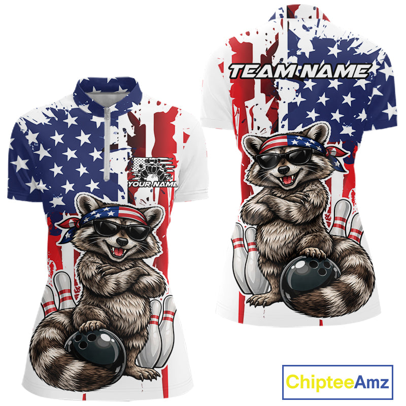 Custom Patriotic Funny Raccoon Bowling Women Quarter-Zip Shirt, American Bowling Jersey IPHW12157
