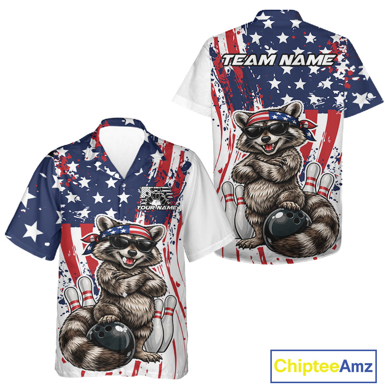 Funny Raccoon Custom Patriotic Bowling Team Jersey, Bowling Button Up Shirt For Men And Women IPHW12158