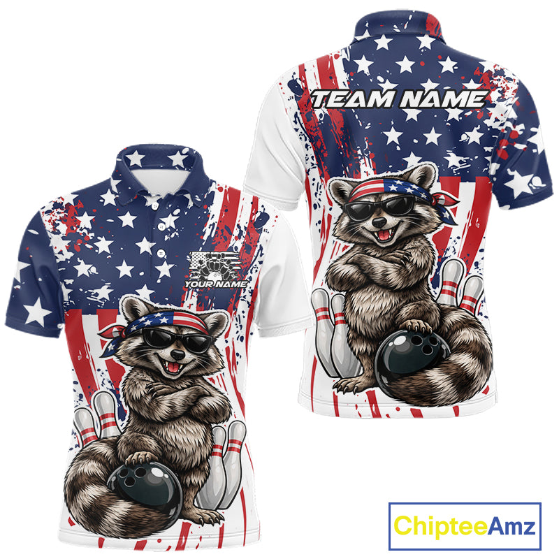 Funny Raccoon Custom Patriotic Bowling Team Jersey, Bowling Polo Shirt For Men IPHW12158