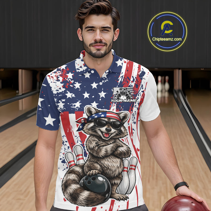Funny Raccoon Custom Patriotic Bowling Team Jersey, Bowling Polo Shirt For Men IPHW12158