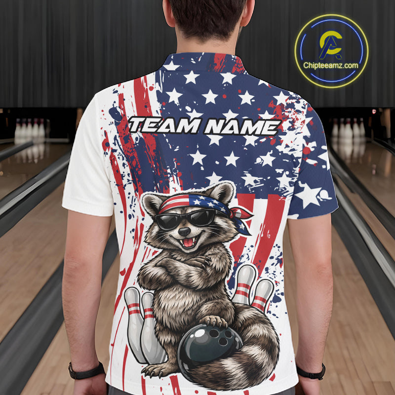 Funny Raccoon Custom Patriotic Bowling Team Jersey, Bowling Polo Shirt For Men IPHW12158