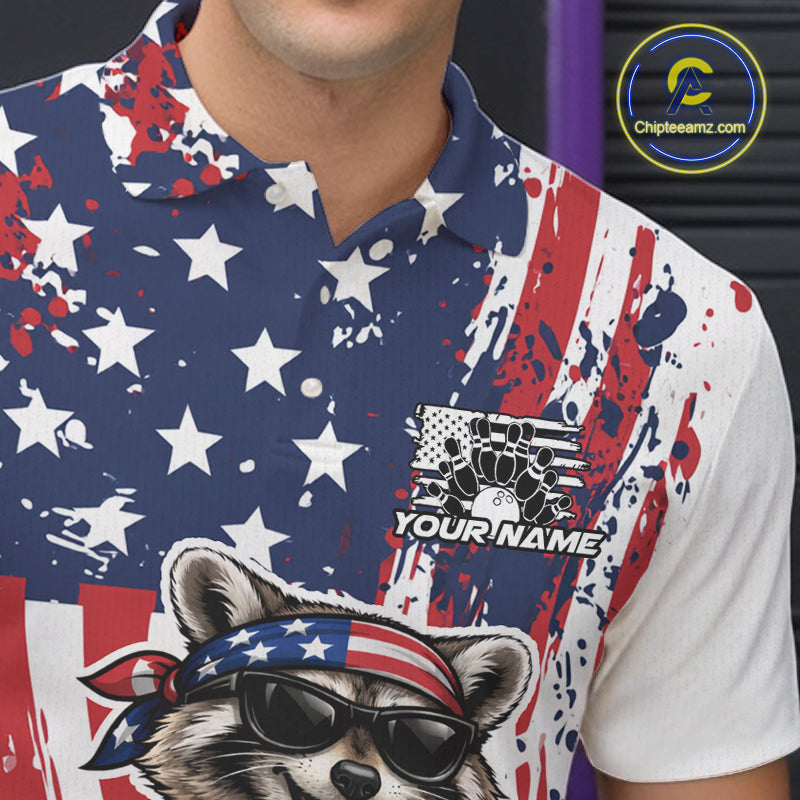 Funny Raccoon Custom Patriotic Bowling Team Jersey, Bowling Polo Shirt For Men IPHW12158