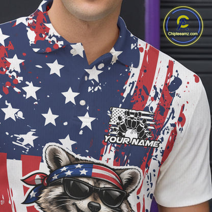 Funny Raccoon Custom Patriotic Bowling Team Jersey, Bowling Polo Shirt For Men IPHW12158