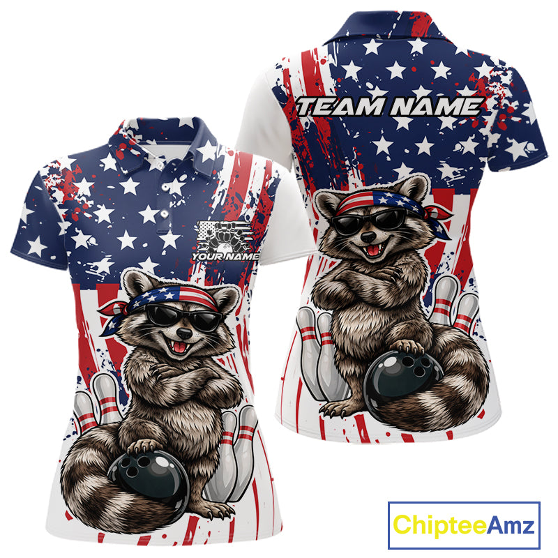Funny Raccoon Custom Patriotic Bowling Team Jersey, Bowling Polo Shirt For Women IPHW12158
