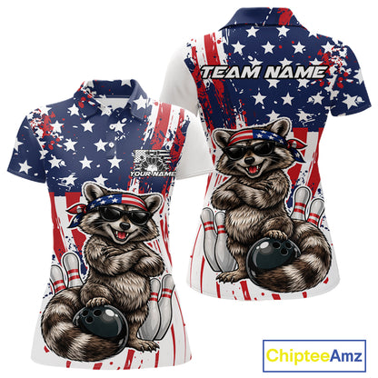 Funny Raccoon Custom Patriotic Bowling Team Jersey, Bowling Polo Shirt For Women IPHW12158
